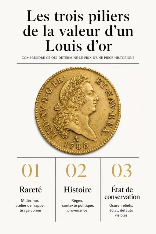 Les trois critères déterminant le prix d'un Louis d'or le plus cher : rareté, histoire et état de conservation.
