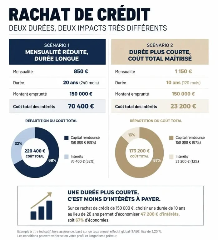 Infographie comparant le coût total d'un rachat de crédit selon la durée de remboursement pour éviter les pièges financiers