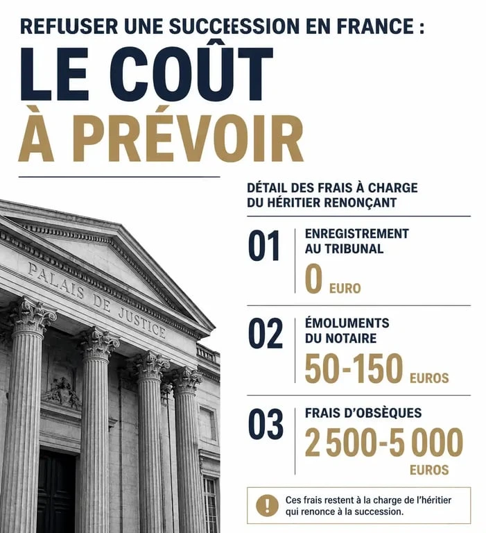 Infographie des coûts liés au refus de succession : frais de greffe, notaire et obsèques