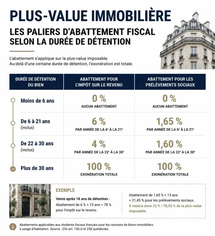Infographie des abattements fiscaux pour l'exonération de plus-value immobilière selon la durée de détention.