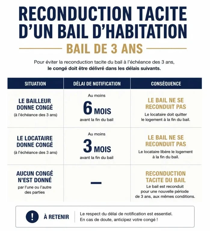 Infographie des délais de préavis et reconduction tacite d'un bail de 3 ans pour une location vide