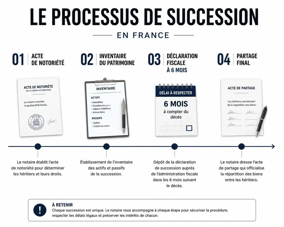 Infographie des étapes et délais d'une succession en France pour comprendre combien de temps dure le processus.