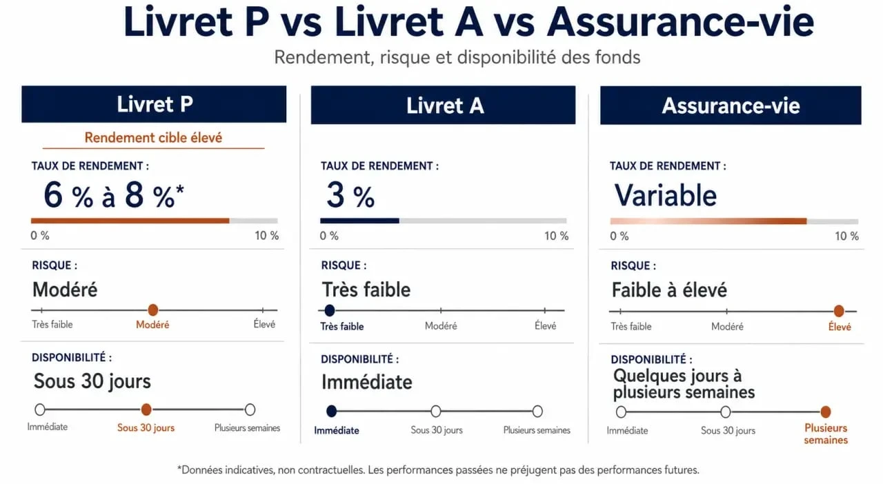 Tableau comparatif des rendements et risques entre le Livret P, le Livret A et l'Assurance-vie pour optimiser son épargne.