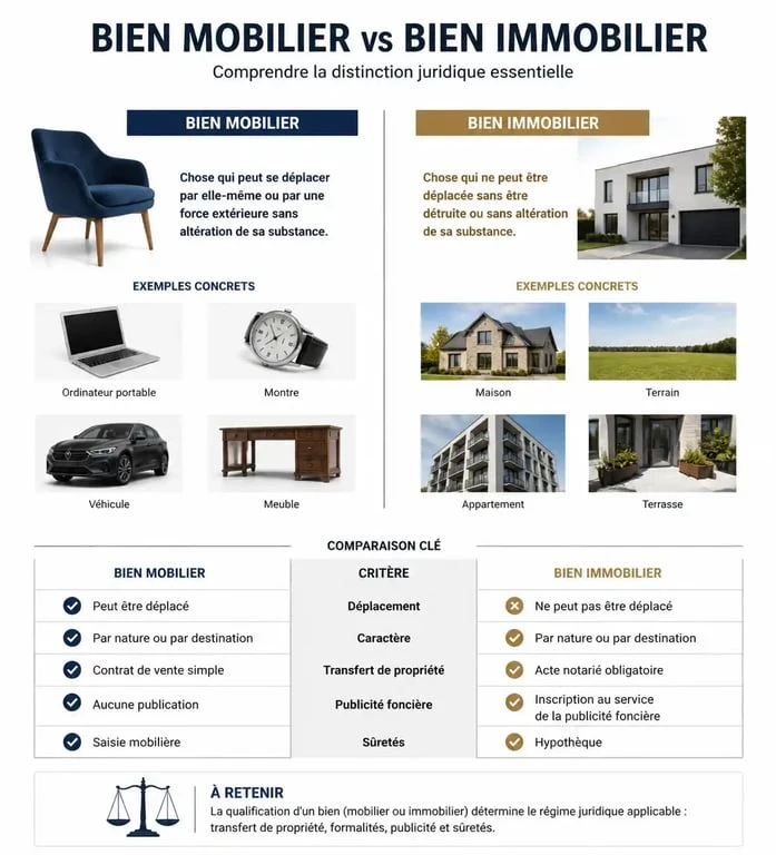 Infographie comparative entre bien mobilier et bien immobilier pour la gestion de patrimoine