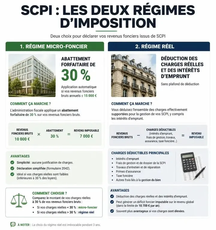 Infographie comparative des régimes d'imposition des SCPI : micro-foncier et régime réel