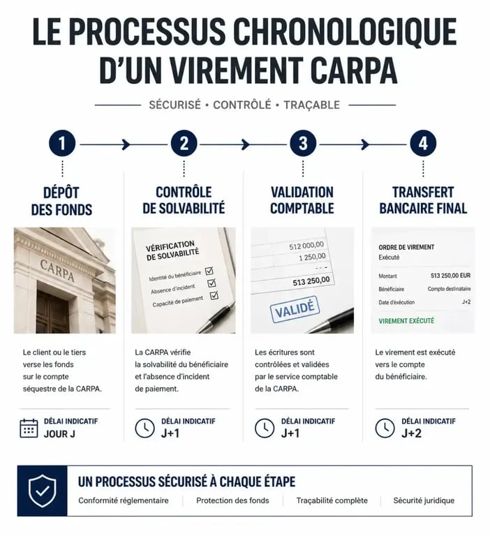 Infographie du délai de paiement virement carpa 2025 expliquant les étapes du processus