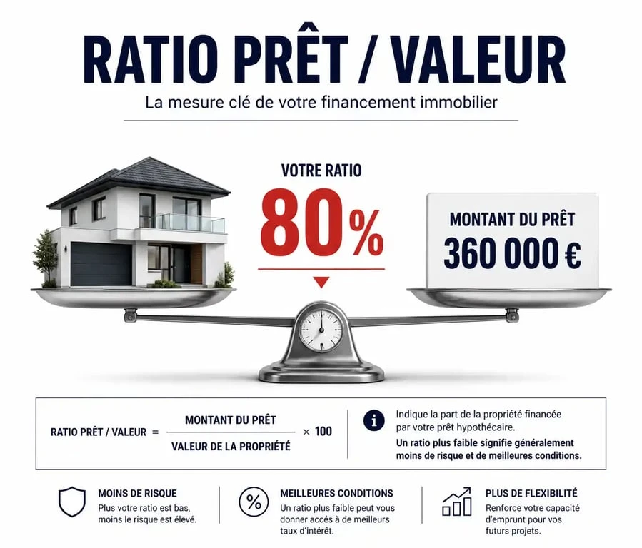 Schéma explicatif du calcul du ratio Loan to Value (LTV) pour un investissement immobilier