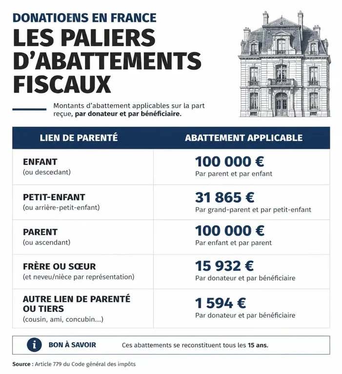 Tableau des abattements fiscaux pour les frais de donation en France