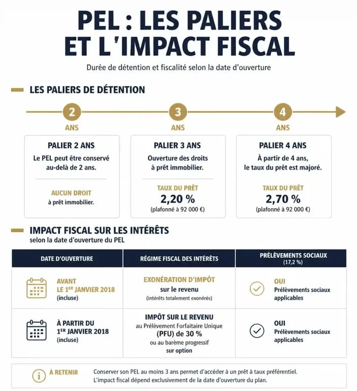Infographie des conséquences de la clôture d'un PEL sans projet immobilier selon la durée de détention et la fiscalité.