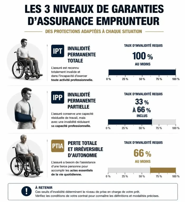 Infographie explicative des garanties d'assurance pour un crédit immobilier en cas d'invalidité : IPT, IPP et PTIA.