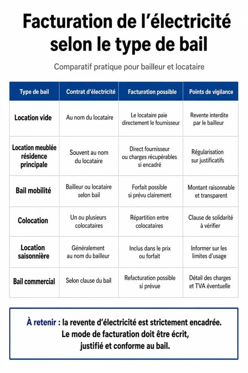 Tableau comparatif des méthodes de facturation de l'électricité au locataire selon le type de bail