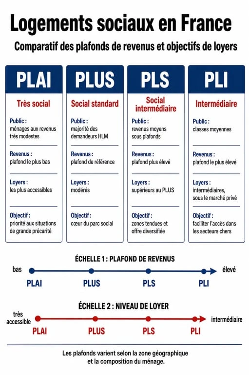 Infographie comparative des types de logements sociaux HLM : PLAI, PLUS, PLS, PLI pour comprendre le loyer modéré.