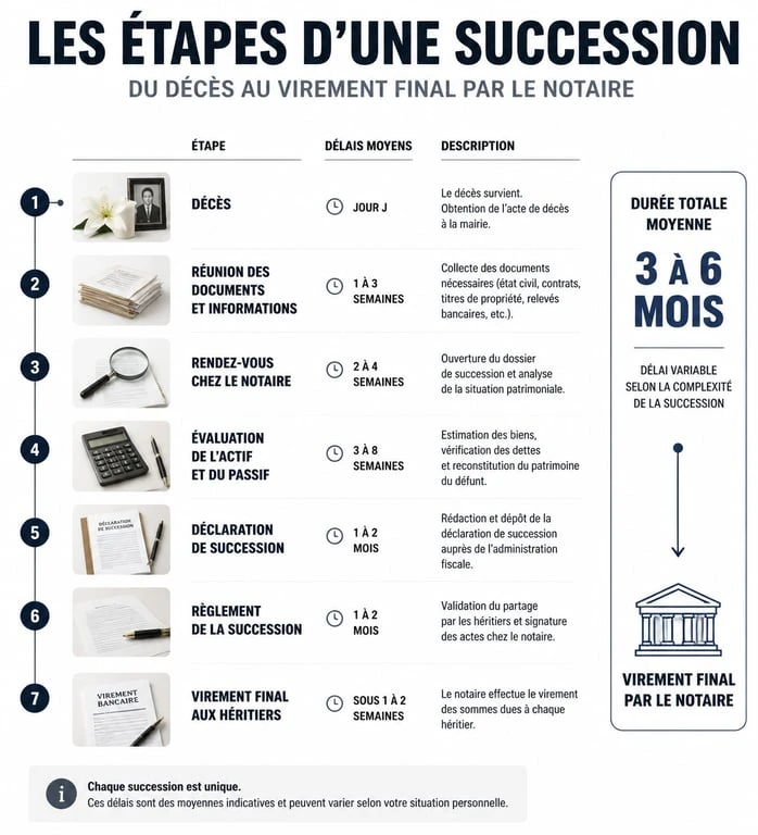 Infographie des étapes et délais d'un virement notaire dans une succession