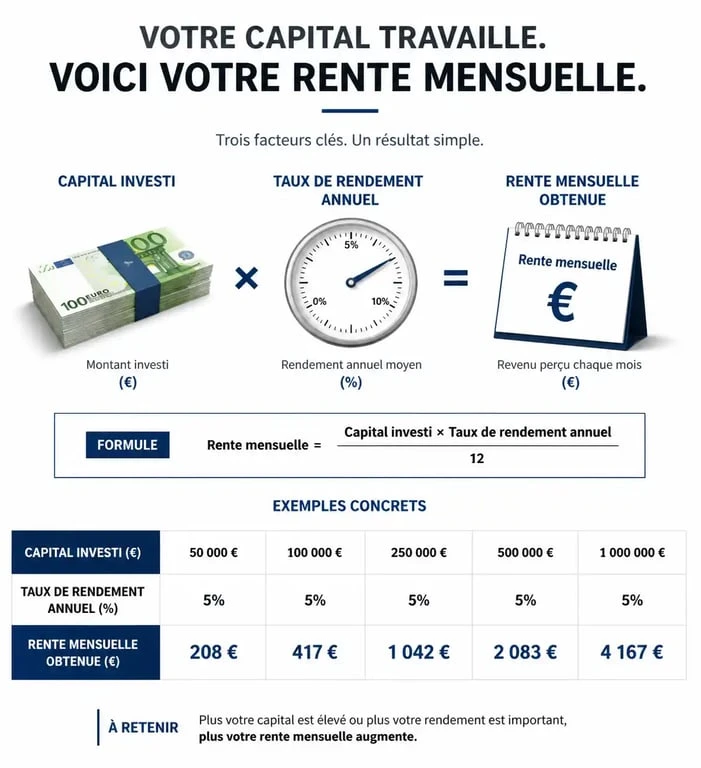 Infographie simulation placement avec rente mensuelle : impact du capital et du rendement sur les revenus complémentaires.