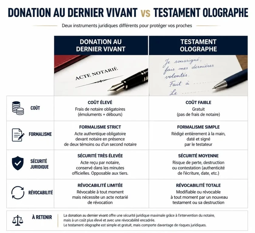 Tableau comparatif des différences entre la donation au dernier vivant et le testament pour la planification successorale