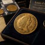 Louis d or le plus cher : gros plan Louis d’or ancien sur écrin de velours