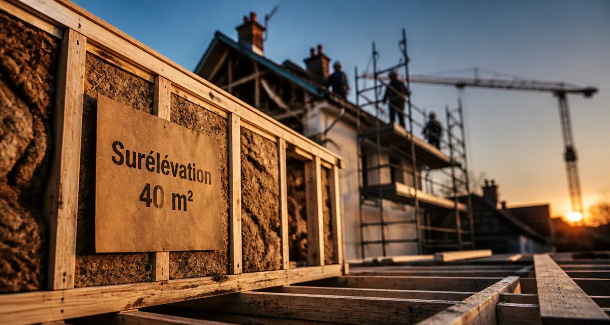 Prix surélévation maison 40m2 : chantier de surélévation avec ossature bois et échafaudage
