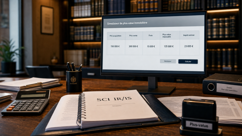 Calcul plus value immobilière SCI en bureau de notaire, documents et simulateur