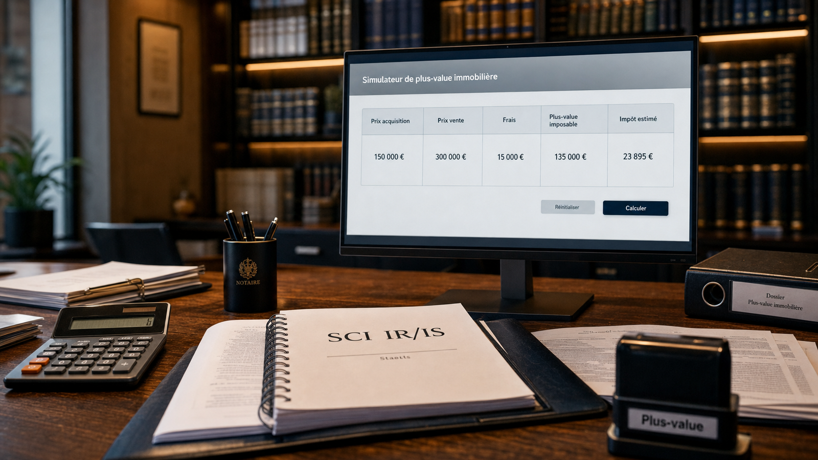 Calcul plus value immobilière SCI en bureau de notaire, documents et simulateur