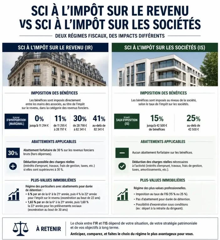 Comparatif fiscal SCI à l'IR et SCI à l'IS pour le calcul de la plus-value immobilière