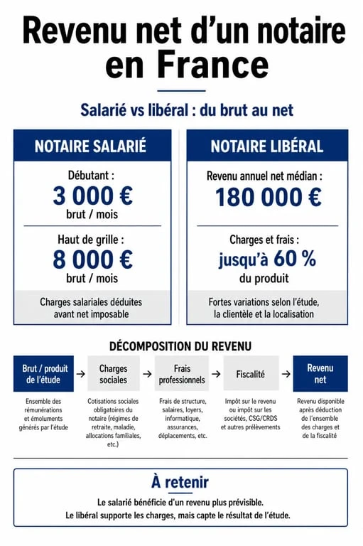 Infographie sur les revenus d'un notaire net en France, comparant notaire salarié et notaire libéral