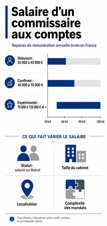 Salaire commissaire aux comptes : infographie des fourchettes de rémunération selon l’expérience et les facteurs d’évolution