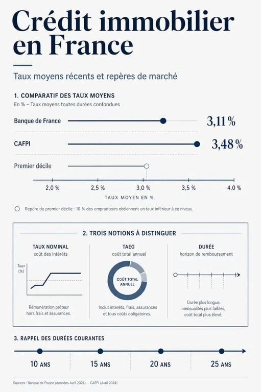 Taux d'intérêts crédit immobilier : comparatif visuel des taux moyens, du TAEG et des durées de prêt