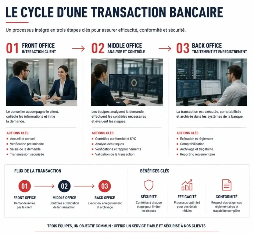 Schéma du flux opérationnel bancaire illustrant le rôle du middle office entre le front office et le back office