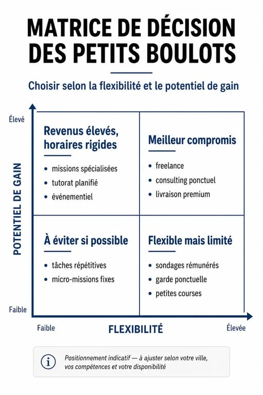 Infographie comparative des petits boulots pour arrondir ses fins de mois selon le gain et la flexibilité