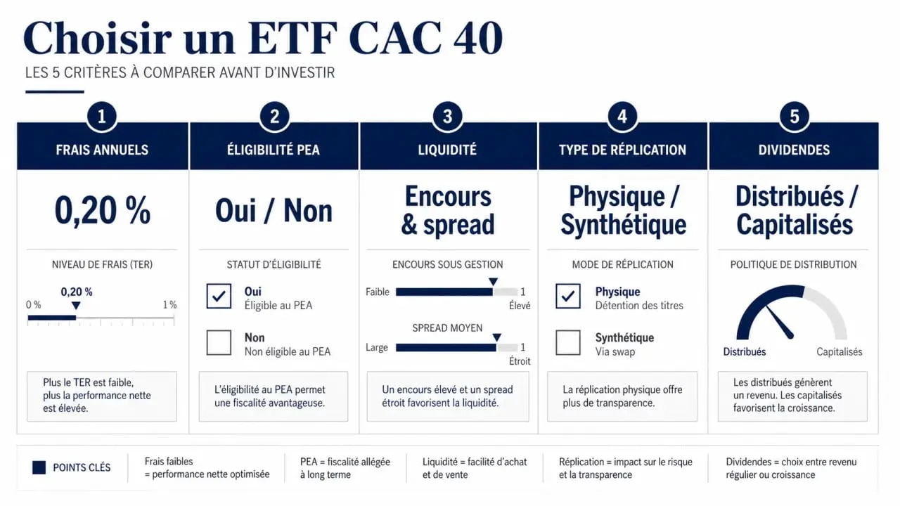 Critères pour choisir le meilleur ETF CAC 40 : frais, PEA, liquidité, réplication et dividendes