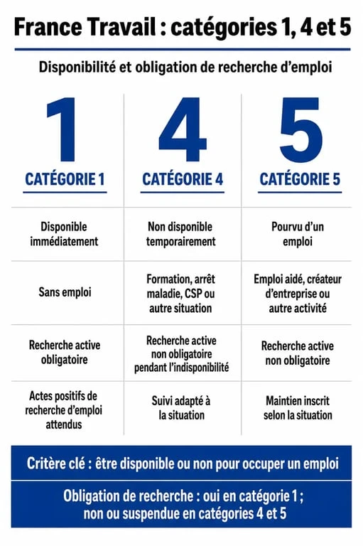 Tableau comparatif des catégories 1, 4 et 5 de France Travail pour les demandeurs d'emploi