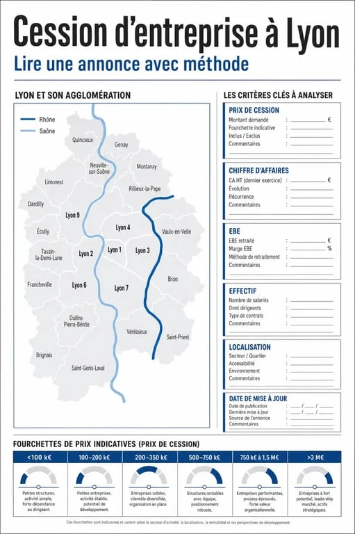 Infographie cession entreprise Lyon avec critères clés, prix et arrondissements