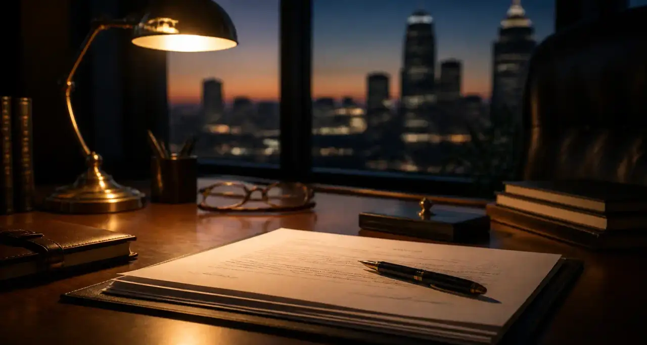 Bureau d'un conseiller en patrimoine au crépuscule : documents, stylo plume et lampe en laiton