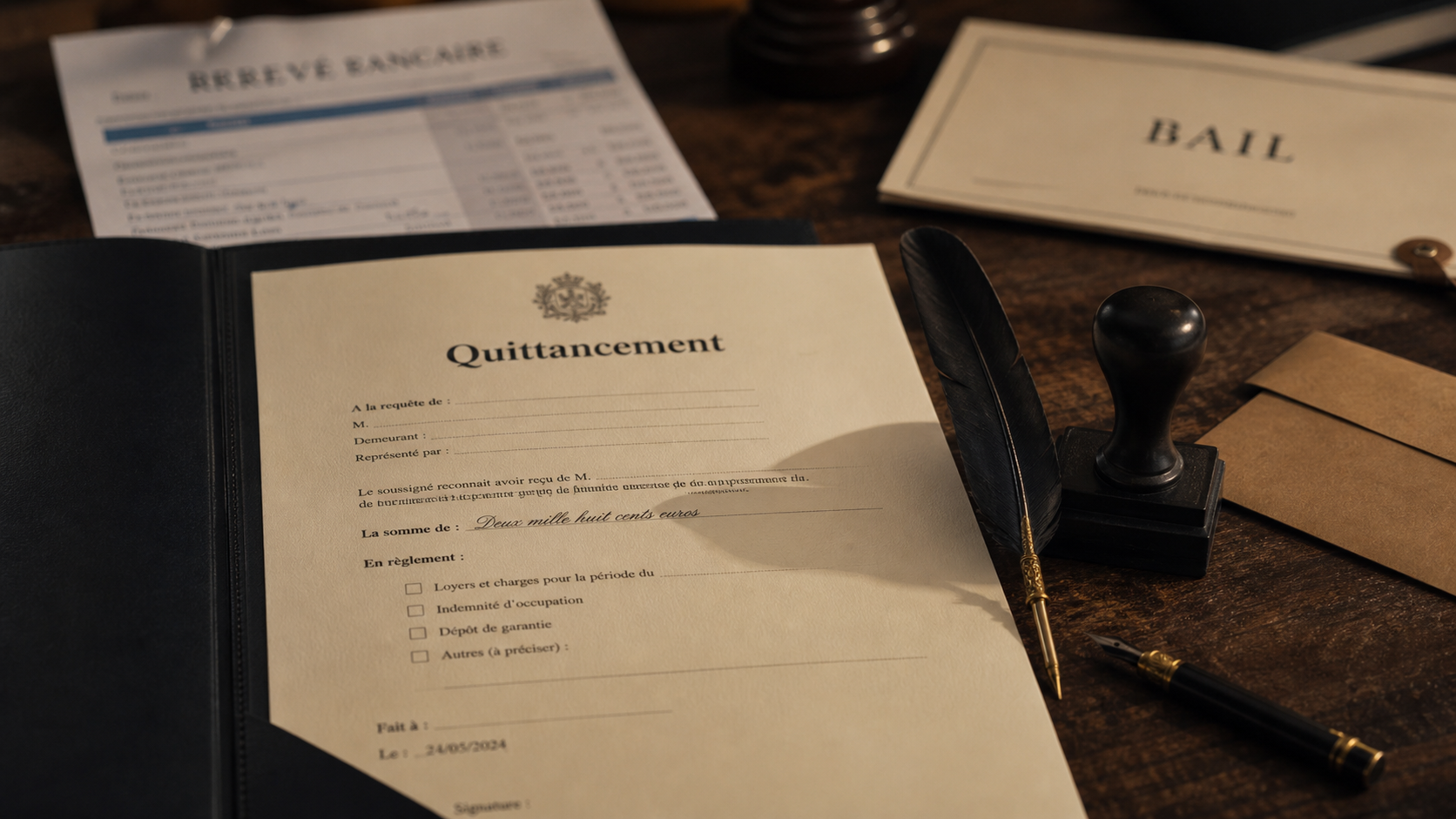 Quittancement définition, document juridique sur table