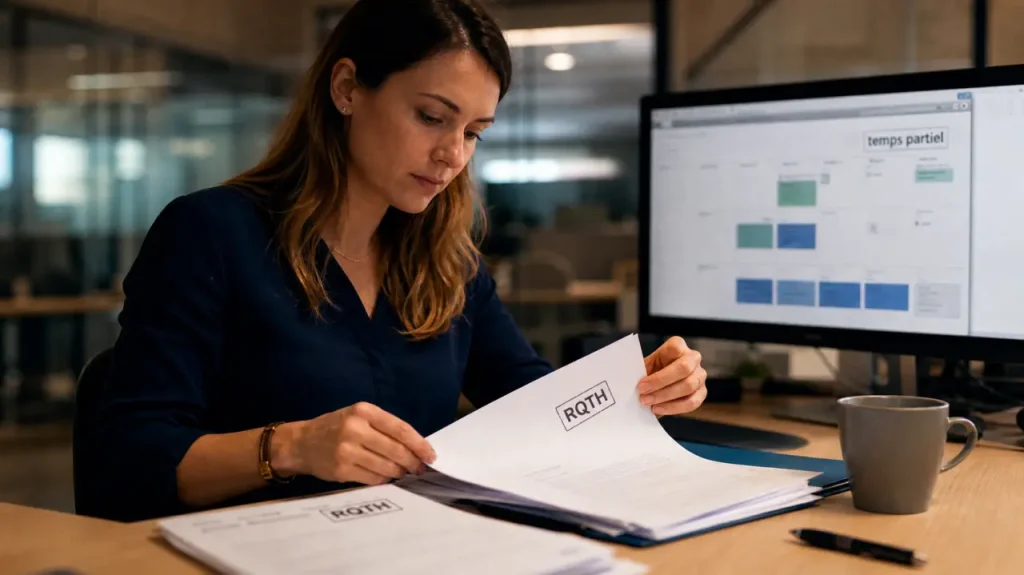 Employée prépare une demande temps partiel RQTH sur dossier RH