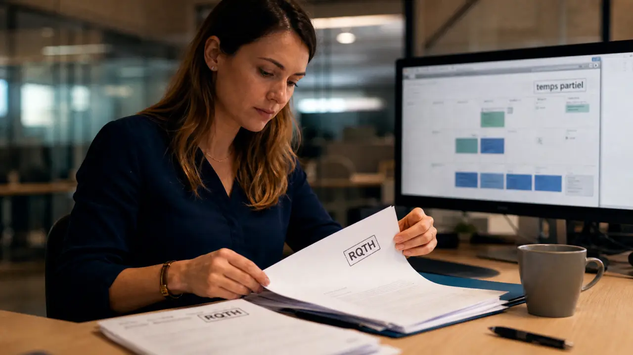 Employée prépare une demande temps partiel RQTH sur dossier RH
