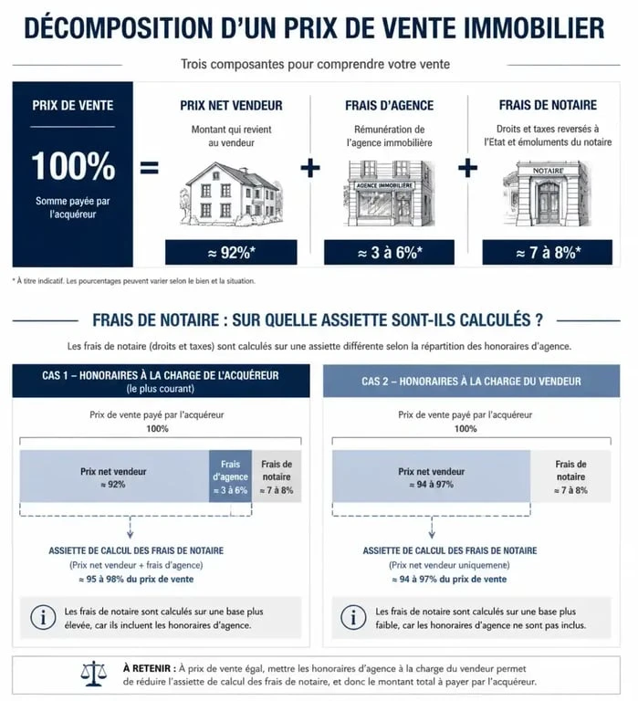 Infographie explicative sur le calcul des frais d'agence immobilière et leur impact sur les frais de notaire