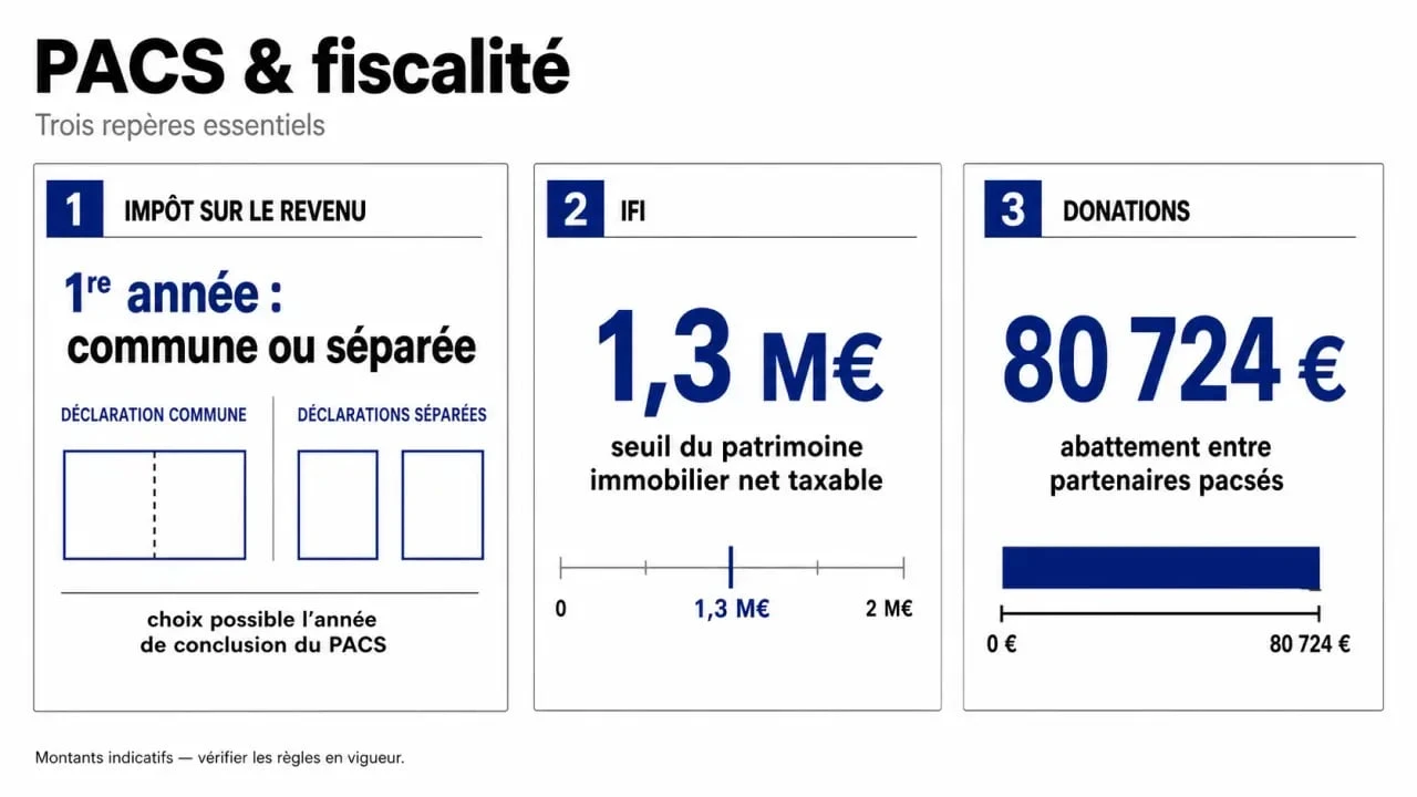 PACS fiscalité : visuel des règles sur l’impôt sur le revenu, l’IFI et les donations
