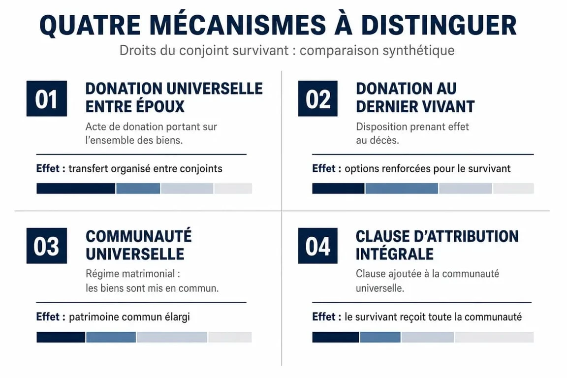 Donation universelle entre époux : comparaison visuelle des effets avec donation au dernier vivant, communauté universelle et clause d’attribution intégrale