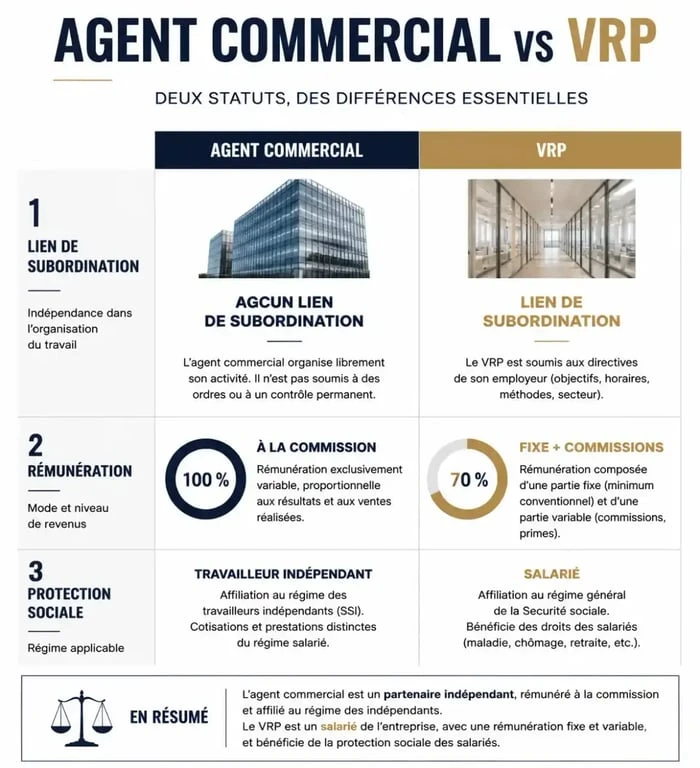 Infographie comparative entre le statut d'agent commercial et de VRP