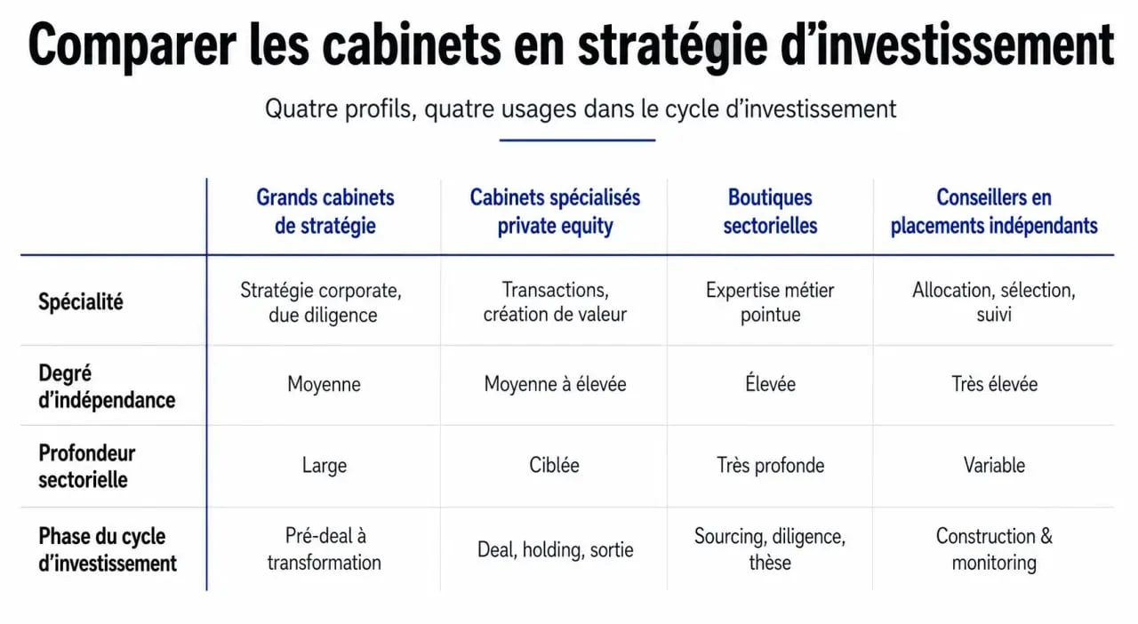 Cabinet de stratégie investissement : infographie comparative des types de cabinets et critères de choix