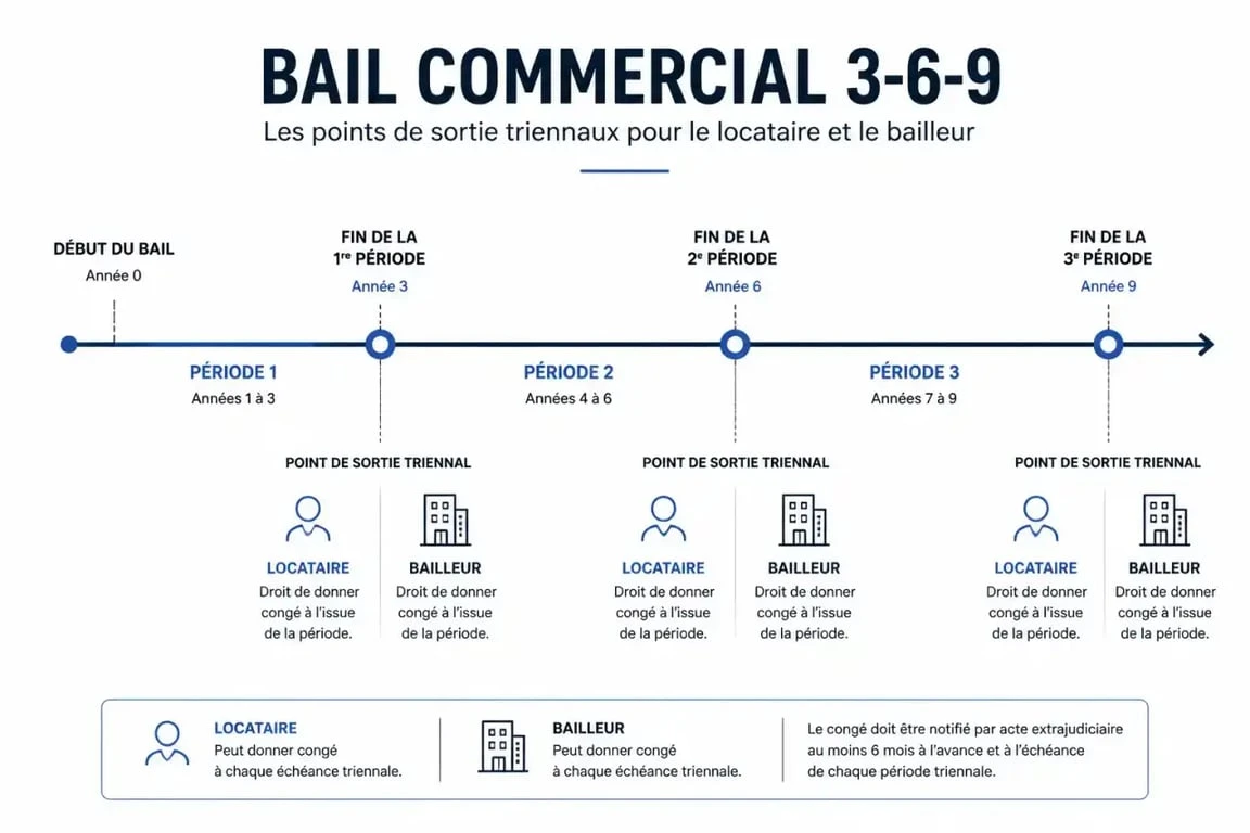 Schéma explicatif du bail commercial 3-6-9 et des échéances de renon bail commercial
