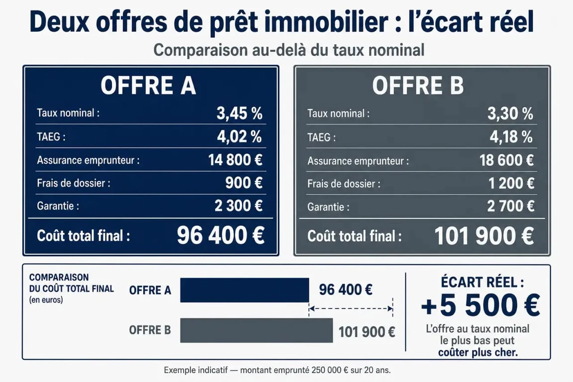 j ai trouvé une meilleure offre que mon courtier : comparaison visuelle des taux, du TAEG, de l’assurance, des frais et du coût total d’un prêt immobilier