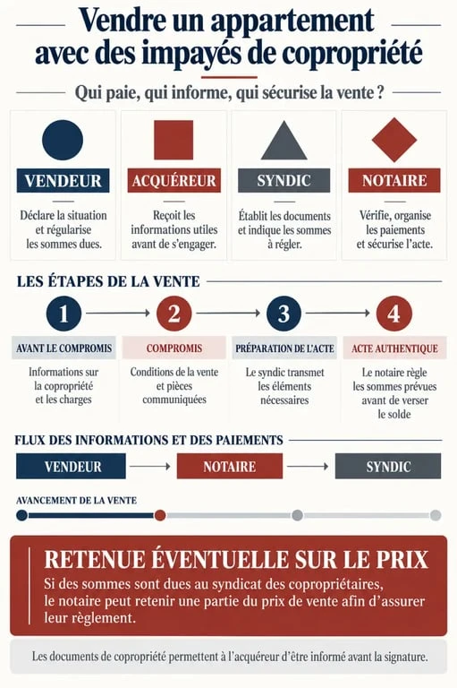 Infographie sur la vente d’un appartement avec impayés de copropriété et le rôle du vendeur, de l’acquéreur, du syndic et du notaire