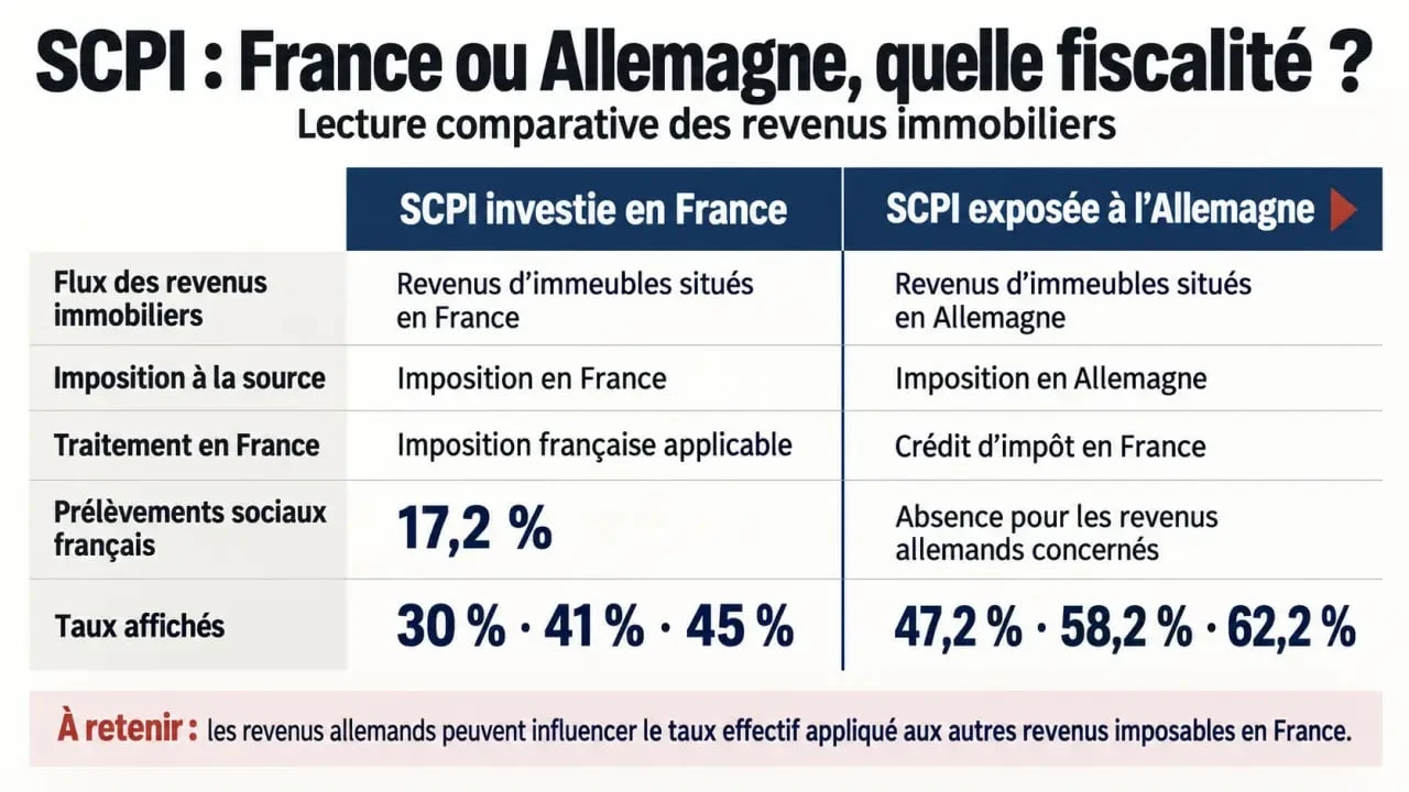 Infographie sur la fiscalité SCPI allemande et la comparaison avec une SCPI française