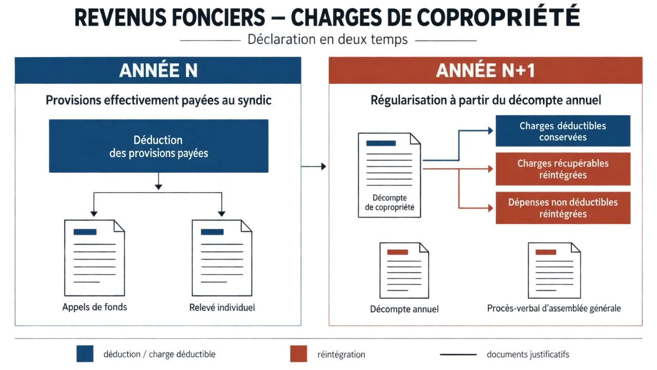 Déclaration revenus fonciers charges de copropriété : calendrier de déduction et de régularisation