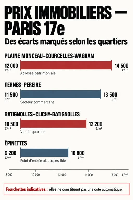 Chasseur immobilier Paris 17 : fourchettes de prix au m² par quartier