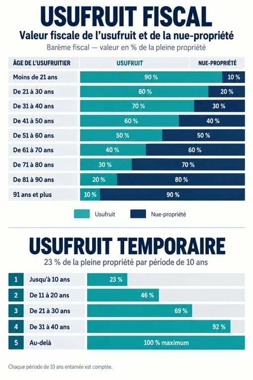 Infographie du barème de l’usufruit fiscal selon l’âge et la durée de l’usufruit temporaire