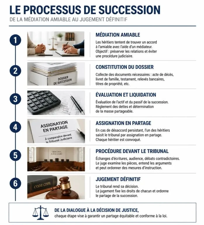 Schéma des étapes du partage judiciaire succession : de l'assignation à l'homologation