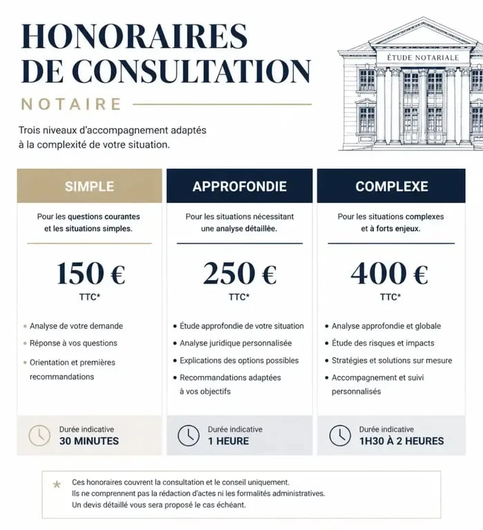 Tableau récapitulatif des fourchettes de prix pour une consultation notaire tarif